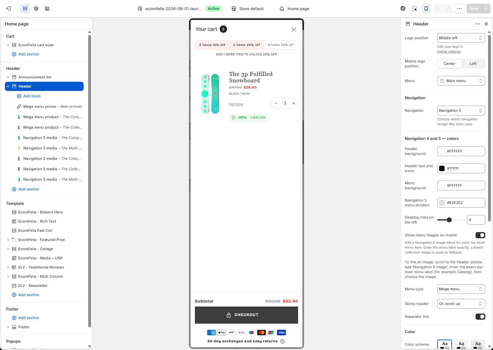 Ecomfella mobile cart layout inside Shopify's Theme Editor.