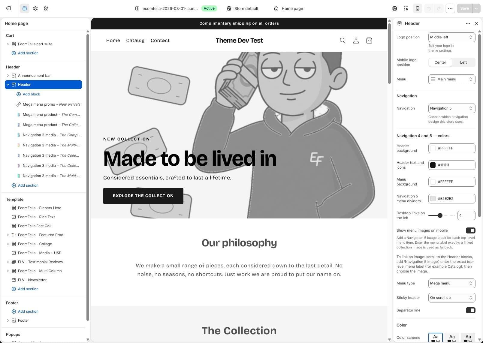 Ecomfella homepage and header settings inside Shopify's Theme Editor.