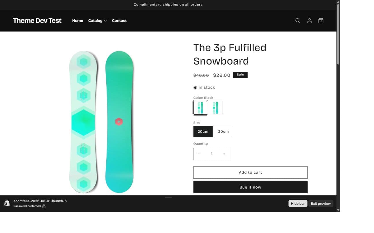 Ecomfella product page in Shopify theme preview with product media, variants, and purchase actions.