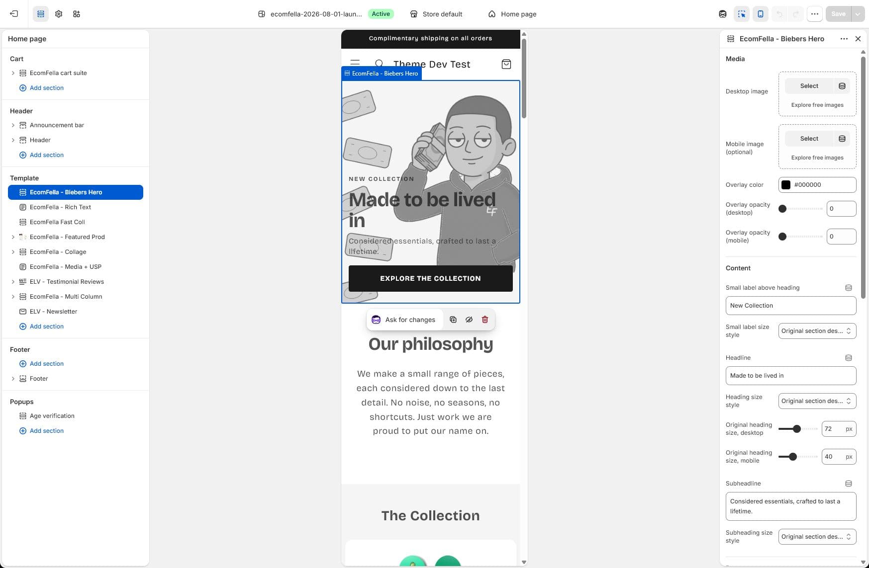 Ecomfella Theme Editor with real sections and a mobile storefront preview.